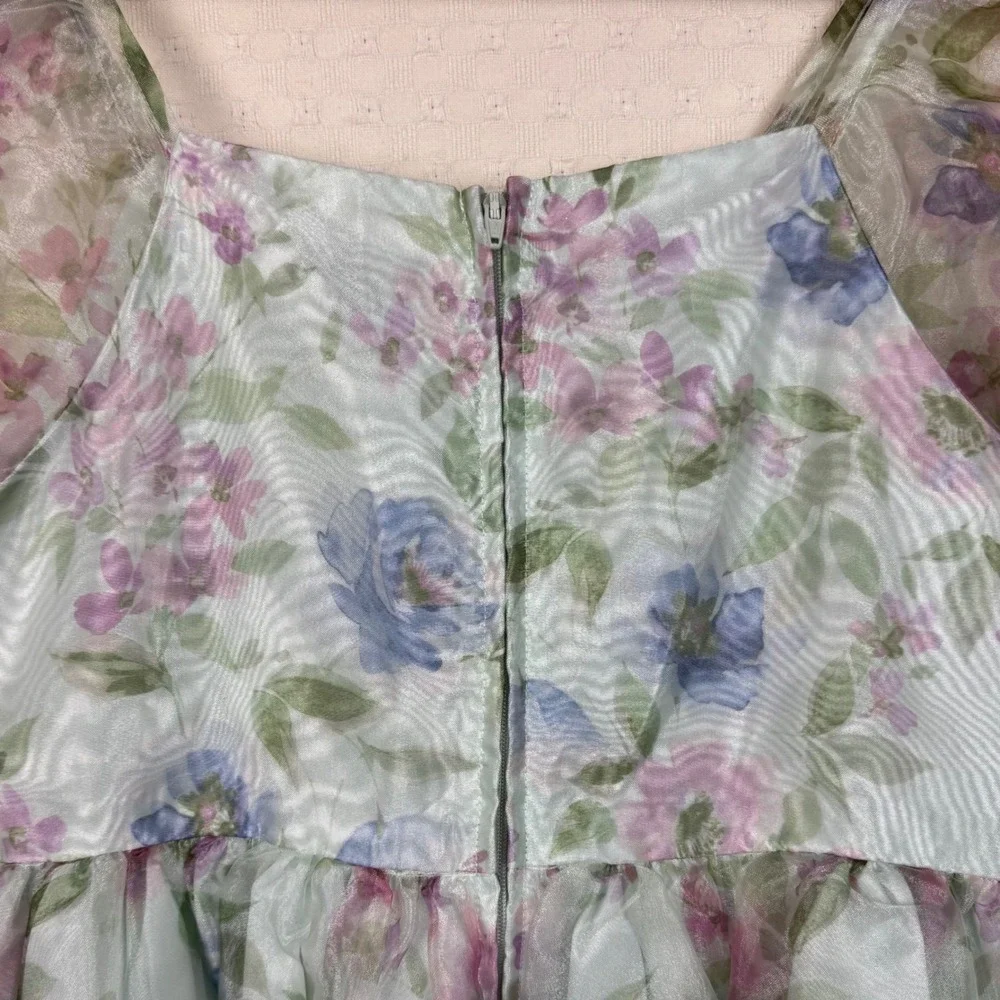 Zunie Girls Puff Sleeve Floral Square Neck‎ Dress Size 16 Sheer Lined Fairy